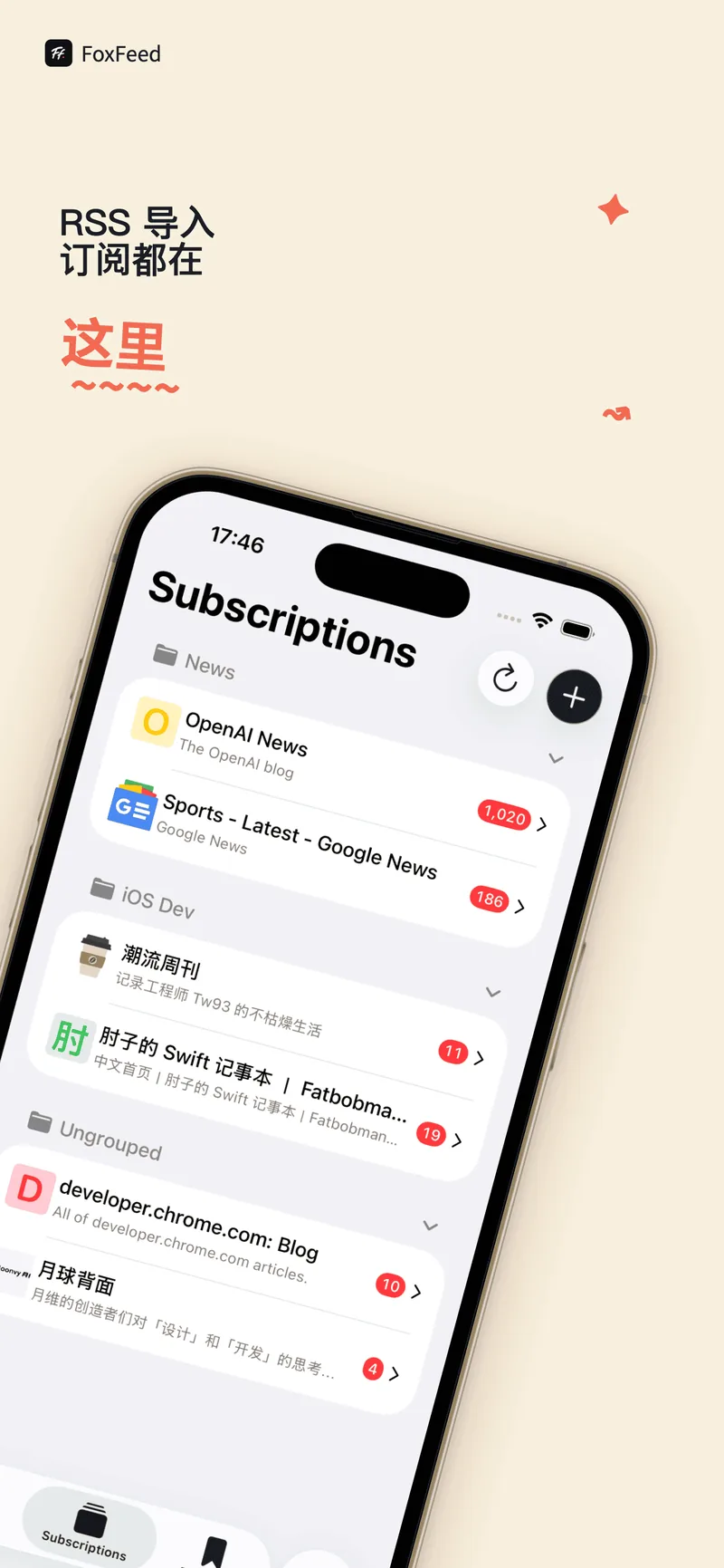 FoxFeed 订阅列表：按频道分组的订阅源，显示未读计数